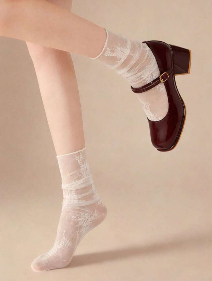Women’s Sheer Floral Lace Ankle Socks – Elegant Transparent Mesh Crew Socks with Black Floral Pattern